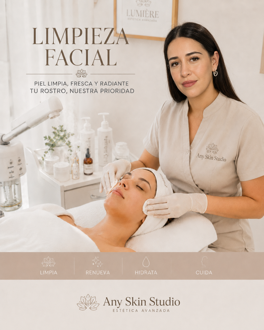 Anita Fabrega Peralta realizando limpieza facial profesional en Any Skin Studio